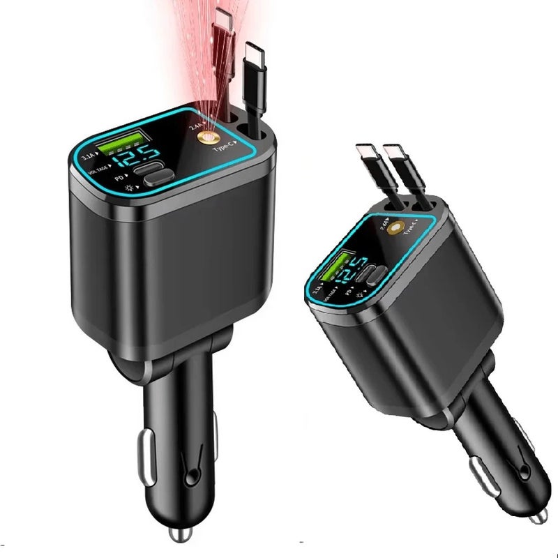 Bluejw 69W PD Fast Car Charger, 6-in-1 Retractable USB Type C Adapter with Starlight, Automobile Charger for Phones & Smart Watches - Image 2